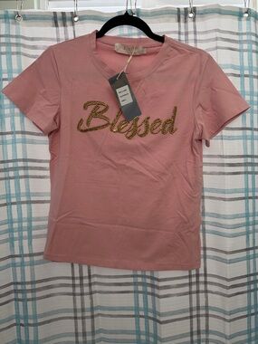 LC Lauren Conrad Pink 'Blessed' Short Sleeve Embellished Tee